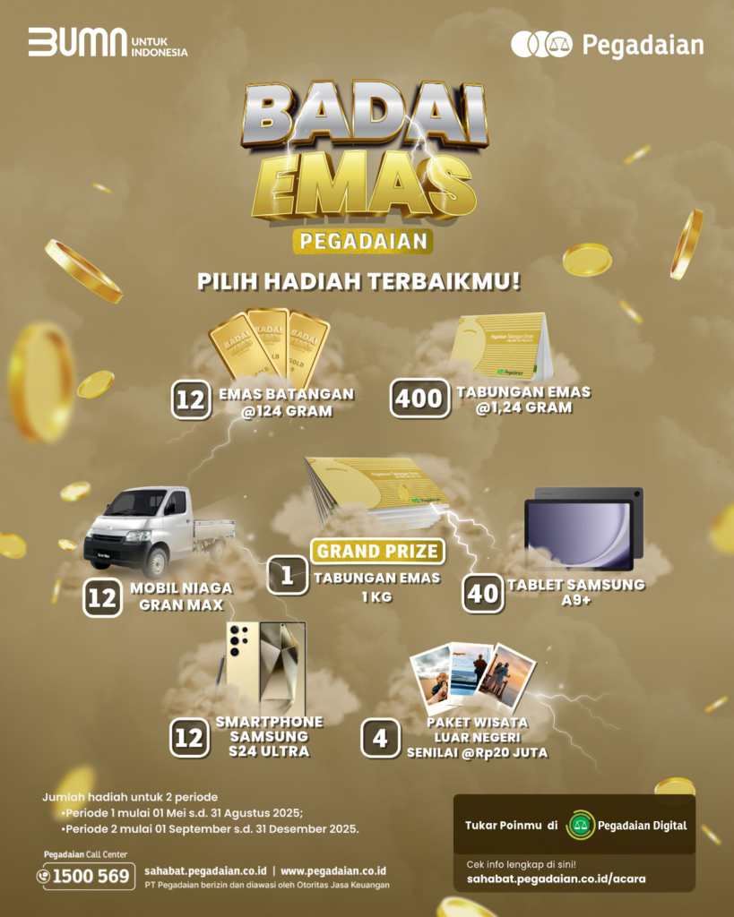 IMG-20250605-WA0010 PT Pegadaian kembali menghadirkan program loyalitas berupa undian berhadiah melalui Program Badai Emas Pegadaian 2025.